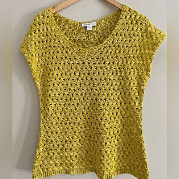 Coldwater Creek Yellow lime Open Knit Crochet Sweater Top Women’s L 14 Boho - Picture 1 of 6